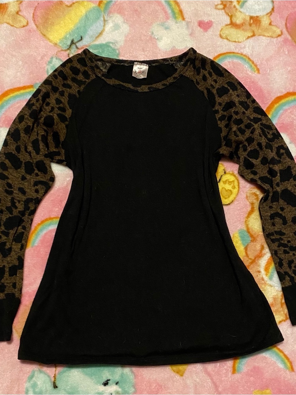 Black Long Sleeve Top with Leopard-Print Sleeves